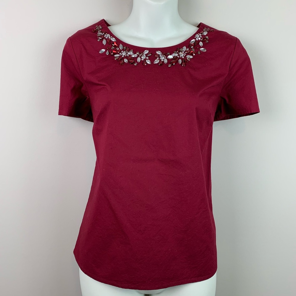 J Crew factory necklace top blouse size 4 burgundy